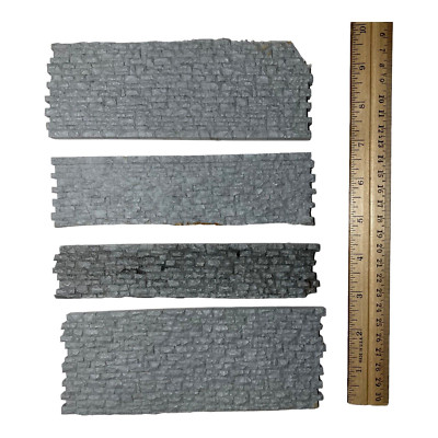 4 Model Train Scene Wall Sections, Grey Stone Block, 7'' Long x 1.5-2.5'' Tall