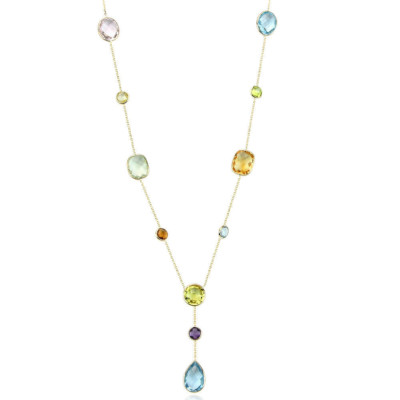 14K Yellow Gold ''Y'' Style Necklace With Multi-Color Gemstones 16 Inches
