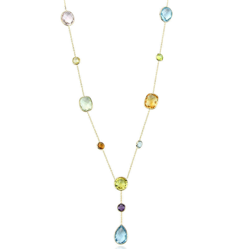 14K Yellow Gold "Y" Style Necklace With MultiColor Gemstones 16 Inches