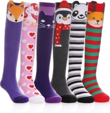6 Pairs Girls Knee High Socks Kids Fun Gift Cute Animal Patterns Cotton Socks