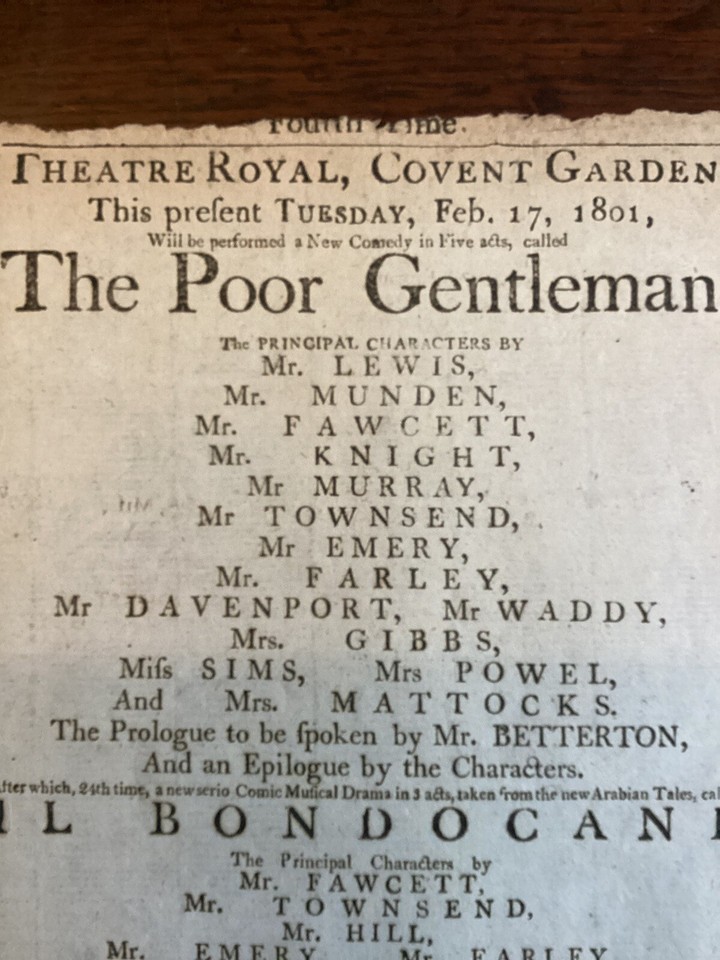 Playbill Flyer Theatre Royal Covent Garden 1801 The Poor