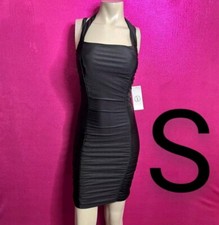 🆕Black Satin Nylon Ruched Bodycon Dress  Size  S