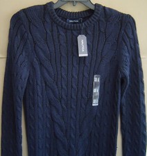 NWT 128 NAUTICA Mens S ROPE CABLE KNIT CREW NECK SWEATER Navy Blue S63554