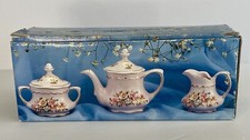 Tea Pot Sugar Bowl Creamer Pitcher Pink Floral 3 Piece Miniature DISPLAY OR TOY