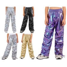 Girls Straight-leg Kids Trousers Unisex Metallic Pants Jazz Disco Flare Latin