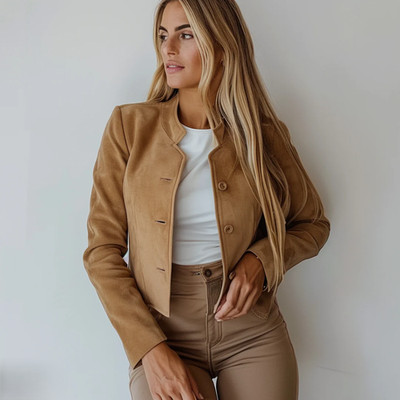 Women's Beige Suede Cropped Leather Jacket Trending Style Designer Short Jacket