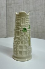 Belleek Pottery Castle Vase Ireland Hand Painted Shamrocks Vintage 4 EUC Parian