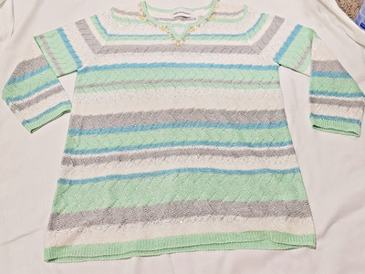 Striped Sequin Aqua Gray Mint Green Yellow Gem Neck Chevron Knit Alfred Dunner