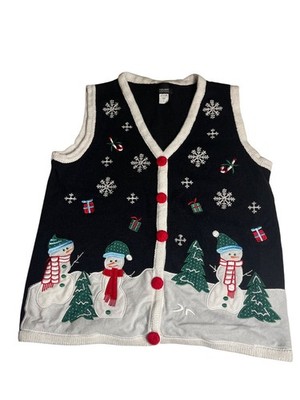 Holiday Editions Christmas Womens Vest Size S Large Black Stitched Snowmen & Sno