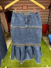 Vintage Denim Midi Skirt with Ruffle Hem and Zipper Accents