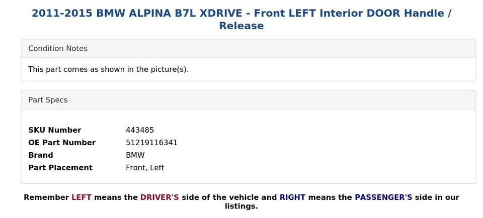 2011-2015 BMW ALPINA B7L XDRIVE - Frente ESQUERDA Interior PORTA Alça / Liberação - Imagem 4 de 4