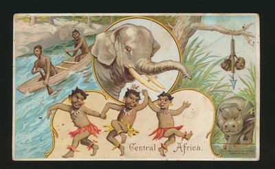 ARBUCKLES COFFEE VICTORIAN TRADE CARD AFRICA DANCE BOATING HIPPOPOTAMUS LOOK !