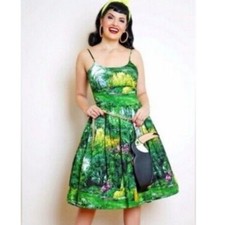 Bernie Dexter Garden Print Cotton Pinup Dress Green Landscape Large Made in USA