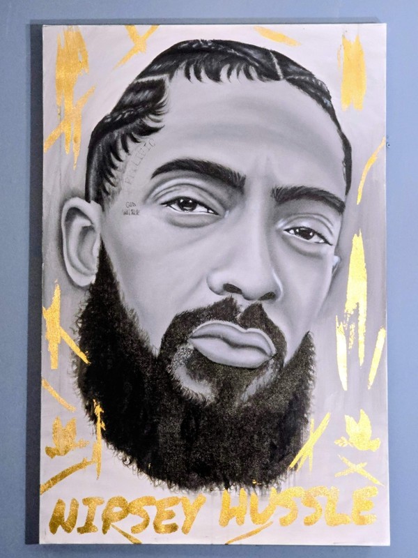 ​Original Nipsey Hussle Painting 24x36 Large Canvas Art Portrait Grayscale Gold