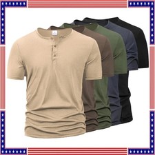 Mens Short Sleeve T-shirt Henley Regular Fit Causal Polysterlightweight Active