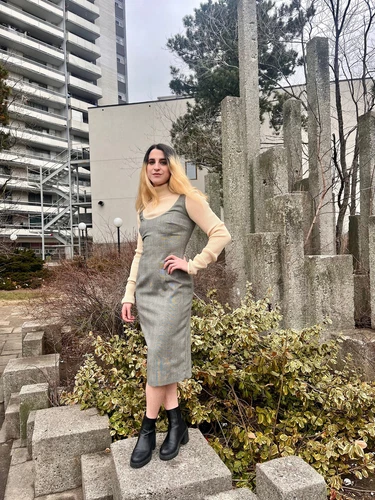 Abito CHRISTIAN DIOR BOUTIQUE in lana panna con pied de poule abito pinafore a quadri con