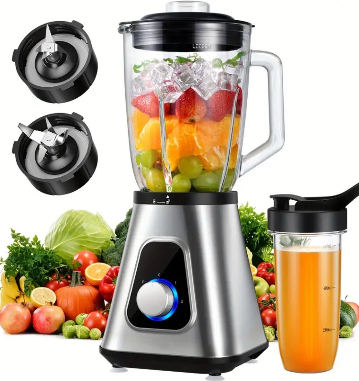Powerful Countertop Blender, 52oz Glass Jar, 22oz Travel Cup, 3 Adjustable Speed