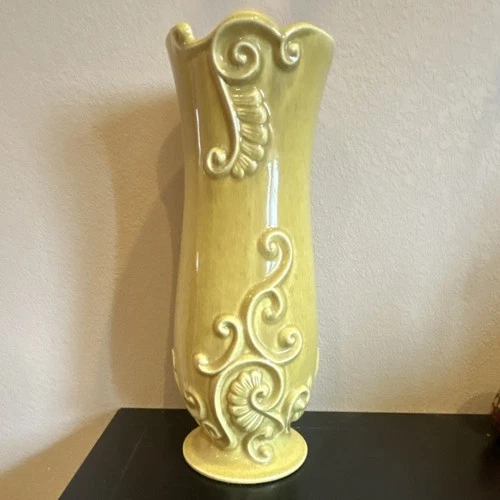 Vintage Red Wing Pottery Vase M-1588 14” Tall Yellow Olive Brown Scroll Vase USA