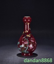 10"Qing Yongzheng Red glaze pastel porcelain Flower Bird Vase bottle pot zun