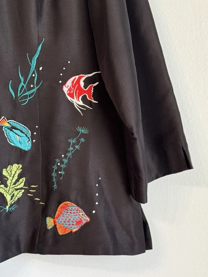 Blazer Vintage 100% Seda Negro Floral Bordado Talla 16 Boho Artístico Tranquilo Lujo Foto 4 de 4