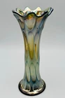 FENTON ART GLASS Long Thumbprint Slung Vase Carnival on Green 1909