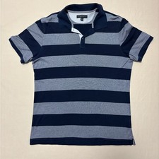 Banana Republic Men s Luxury Touch Navy Gray Striped Short Sleeve Polo Medium