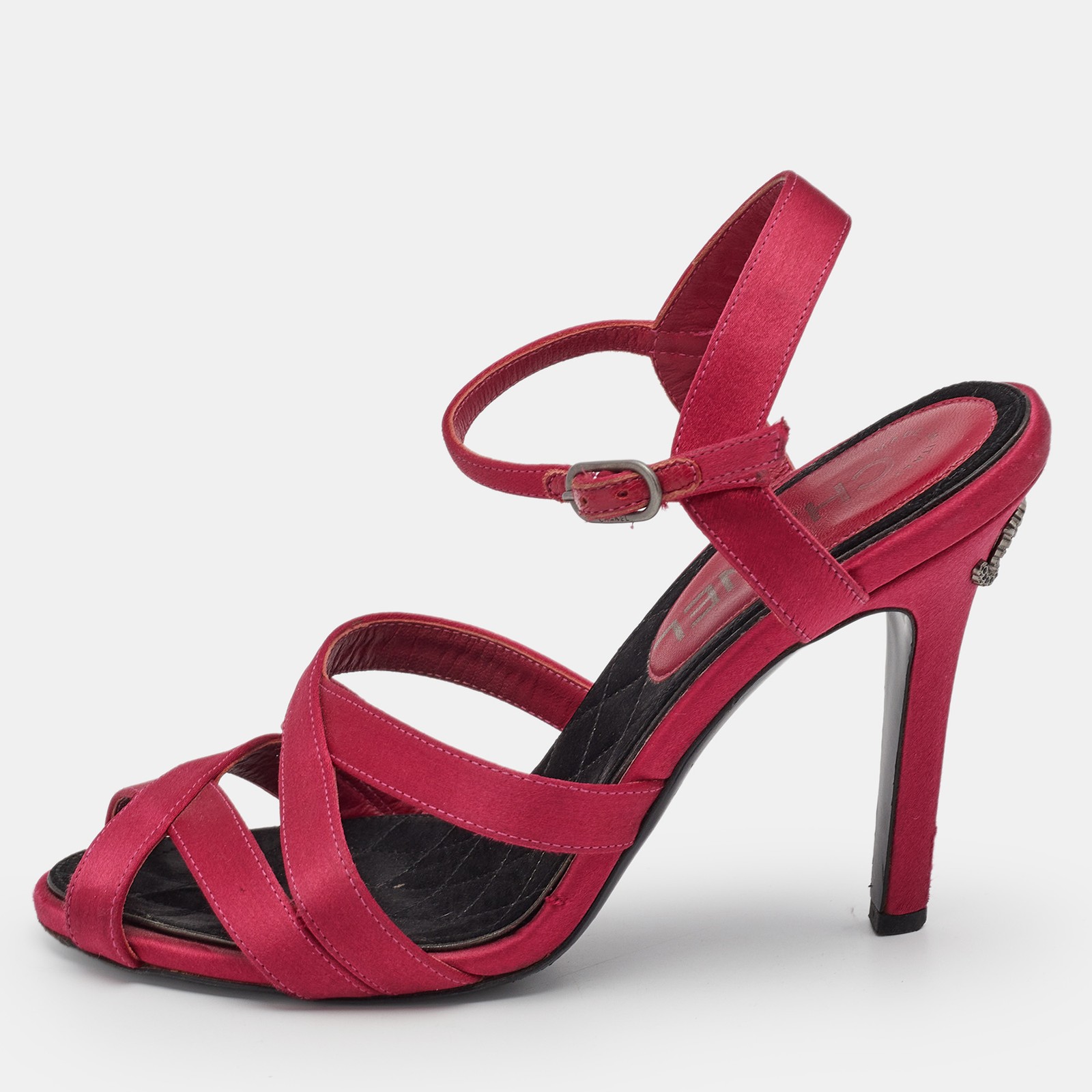 Chanel Pink Satin CC Logo Ankle Strap Sandals Size 35 EU