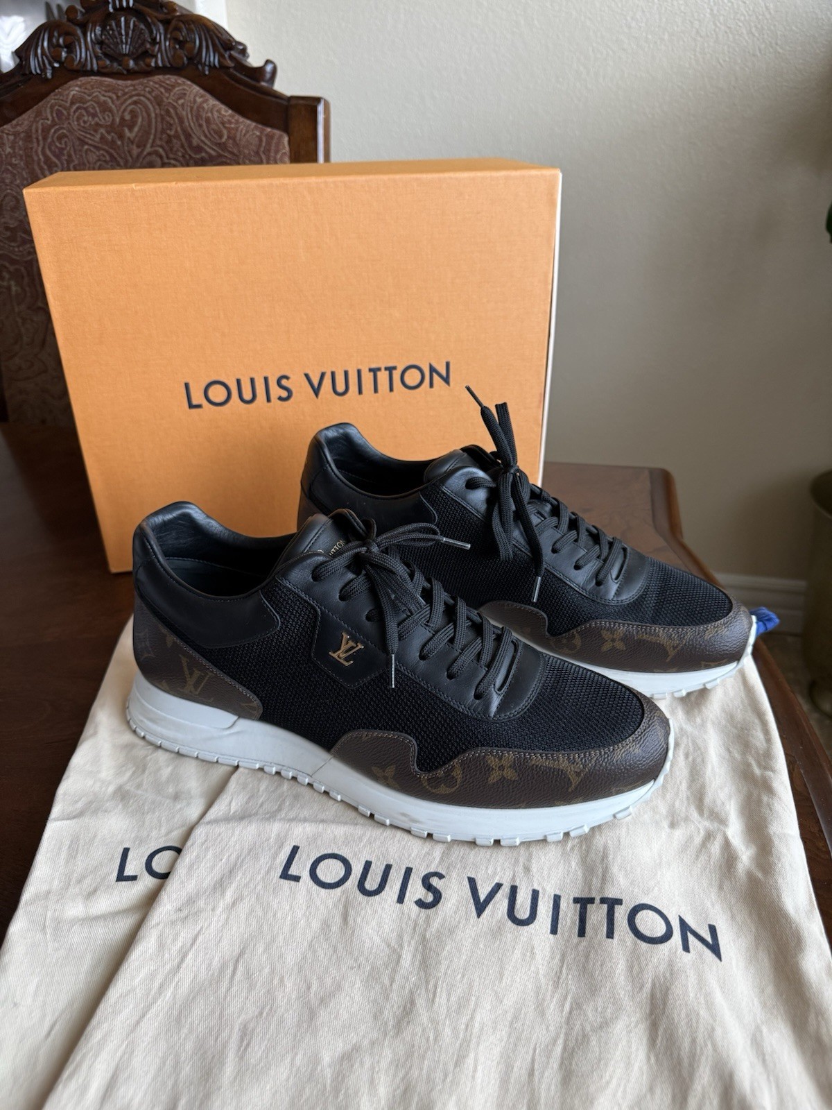 Louis Vuitton Men’s Run Away Size 10 Black Brown Monogram Canvas & Mesh Low Top