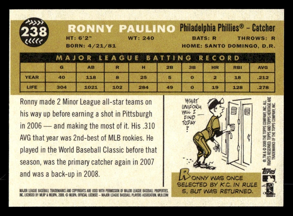 2009 Topps Heritage #238 Ronny Paulino Card Philadelphia Phillies - Image 2 of 2