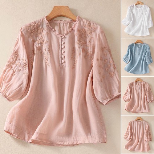 Blusa informal camisa lisa bordada floral cuello en V manga 3/4 para mujer - Imagen 4 de 11