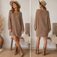CH New Collection Italy Women Boucle Knit Sweater Dress Camel Brown Wool Blend M