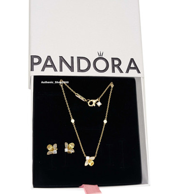 New 100% Real PANDORA 14k Golden Honey Bee Earrings + Necklace Jewelry Gift Set