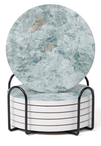 Set of 6 Green Abstract Onyx Marble Coasters with Holder, Absorbent Ceramic C...