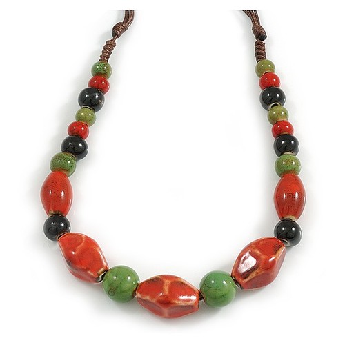 Green/Red/Black Graduated Ceramic Bead Brown Silk Cords Necklace/50cm to 60cm - Picture 4 of 6