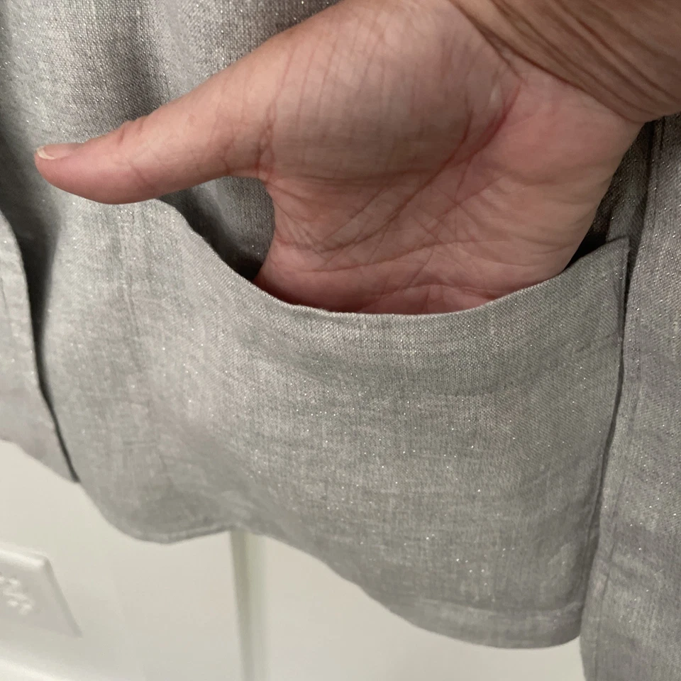 Women’s Eileen Fisher Silver Metallic 2 Button Blazer-Large-97% Linen-Pockets - Image 3 of 4