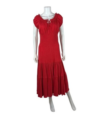 Red Prairie Sun Dress Womens Medium Off Shoulder Cottage Core Hippie Venus 60s