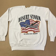 VINTAGE Desert Storm Sweatshirt Adult Large White Troops USA Spell Out 90s Mens
