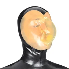 Black Latex Hood with transparent Breathing Bag Rubber Mask Back Zip Fetish BDSM