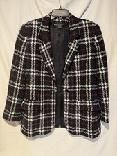 Vintage Liz Claiborne Collection Black White Red Plaid Tweed Blazer Jacket 90s