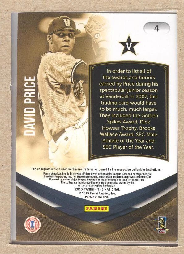 David Price 4 2015 Panini National Convention College Legends Vanderbilt - Image 2 of 2