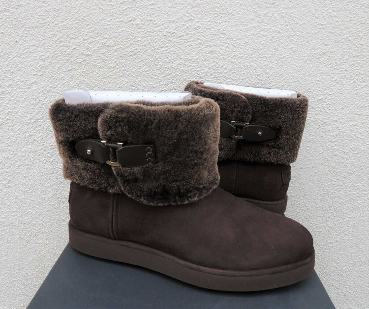 UGG DARK ROAST CLASSIC BERGE MINI SUEDE/ SHEEPSKIN BOOTS, WOMEN US 7/ EUR  38 NIB