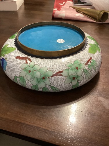Vintage Jingfa Cloisonne Low Bowl With Floral Design 8”Diameter W Stand - Picture 13 of 20