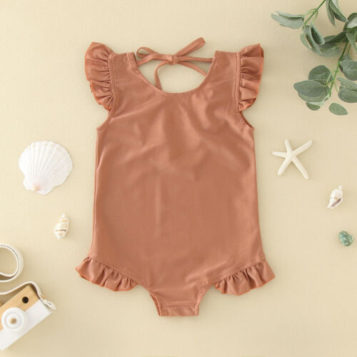 Toddler Girls Summer Sleeveless Solid Colour Ruffles Swimwear Swimsuit Bikini - Picture 16 of 29