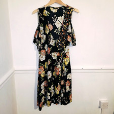 F&F Womens Dress Black Size UK 16 Dark Floral Faux Wrap White Cold Shoulder