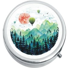 Caja de pastillas de medicina con globos de aire caliente Watercolor Mountains