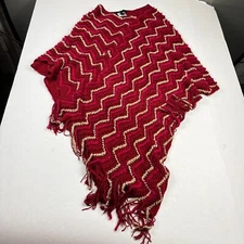 BCBGMaxazria Womens Poncho Sweater Zig Zag Print Fringe Shawl Wrap Cozy Cape OS