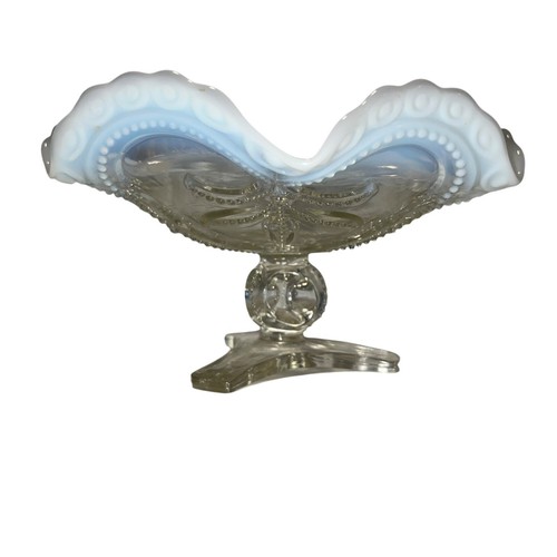 Vintage Jefferson Glass Clear Opalescent Beaded Fleur De Lis Footed Compote - Picture 5 of 7