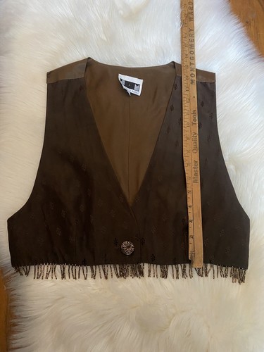 VTG 90s Cropped Vest Top Brown Satin Acetate Seed Bead Fringe Sz M shelli segal - Picture 8 of 10