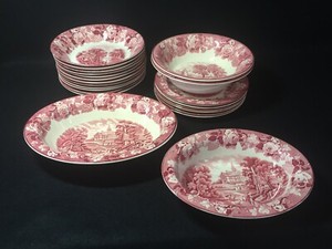 Vtg-WOODSWARE-Enoch-Woods-Red-034-English-Scenery-034-Plates-Bowls-ca-1917
