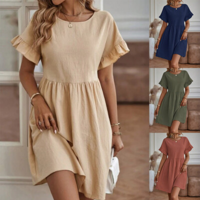 Women Cotton Linen Dress Short Sleeve Maxi Dress Sundress